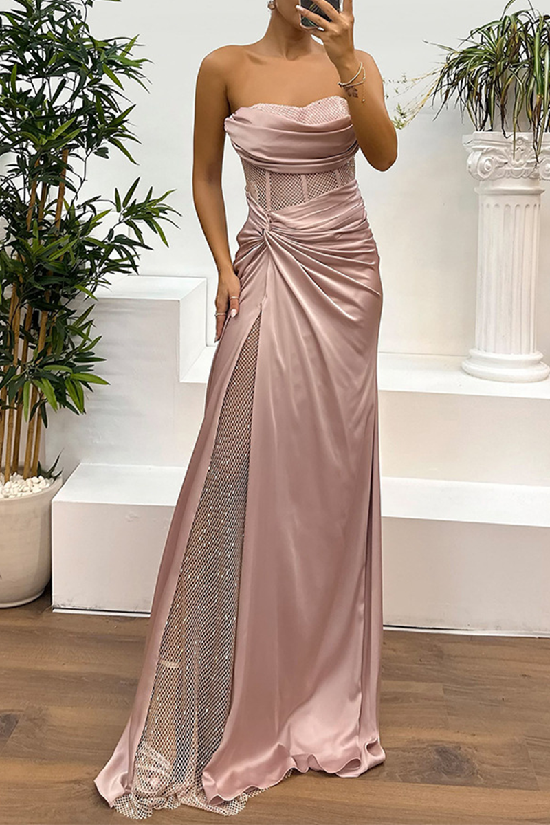 Prom Dress With Mesh Corset & Thigh Split | Strapless Maxi