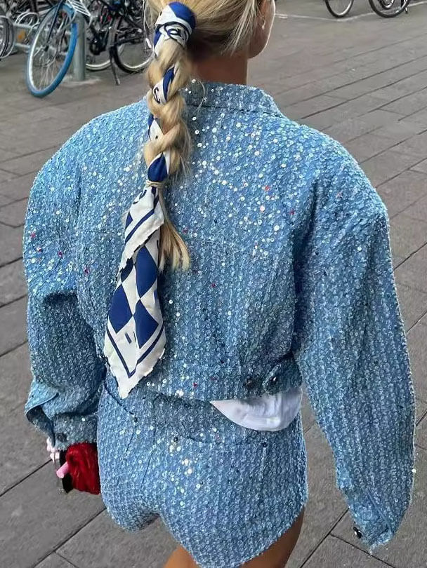 Sparkly Sequin Cropped Women Jackets | Button-Up