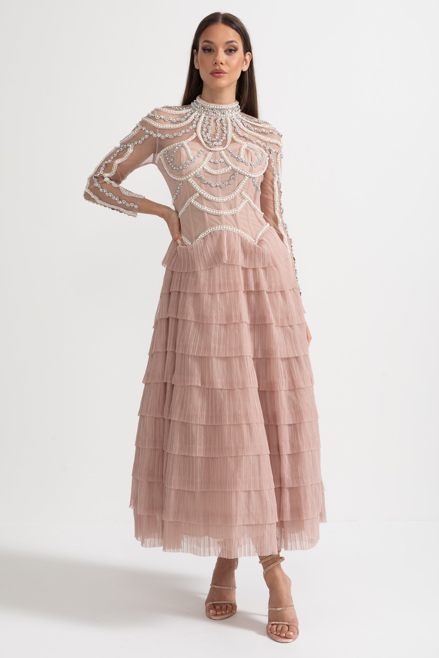 Stunning Beaded Long Sleeve Women's Evening Dress  | Midi