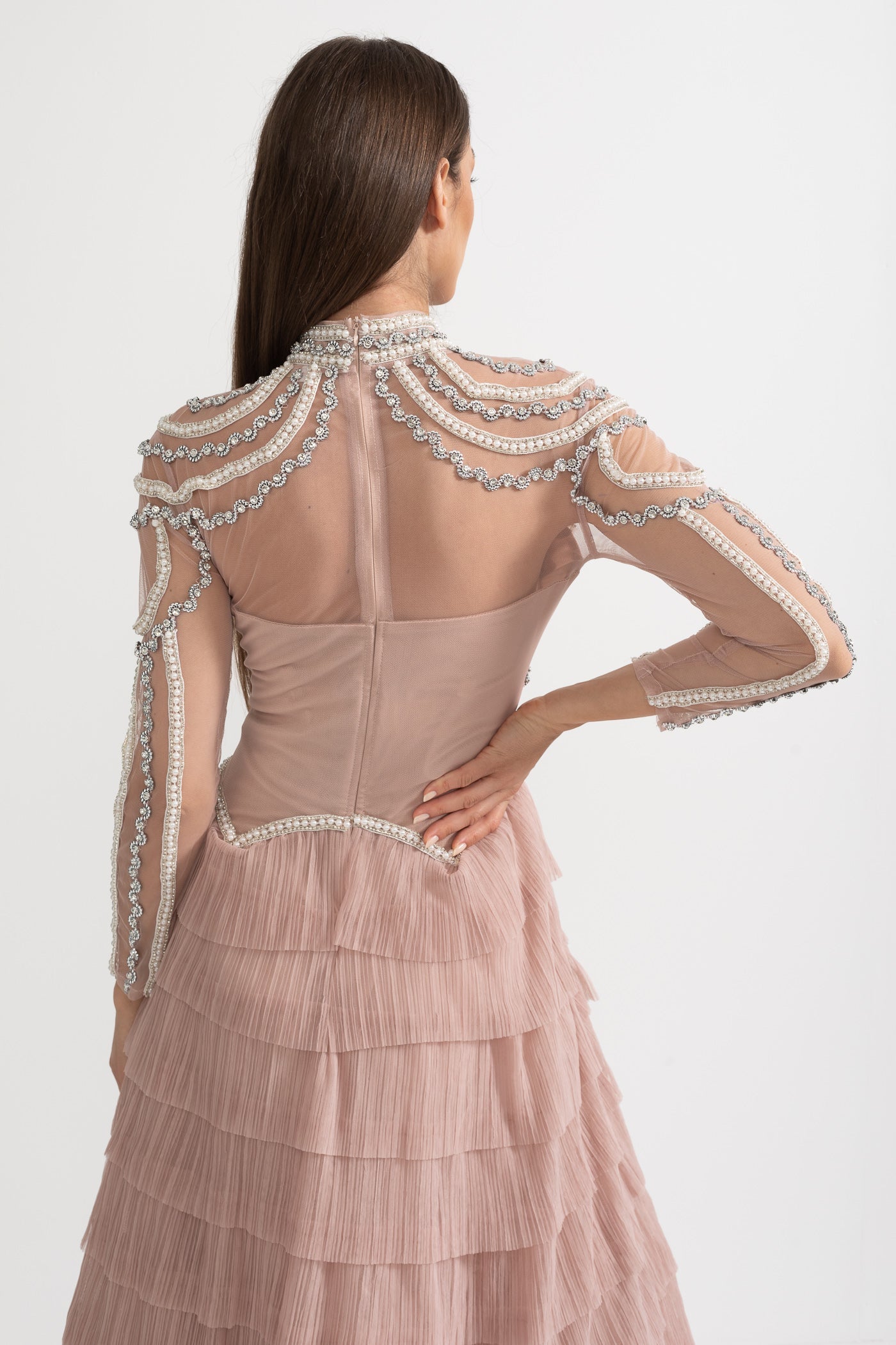 Stunning Beaded Long Sleeve Women's Evening Dress  | Midi