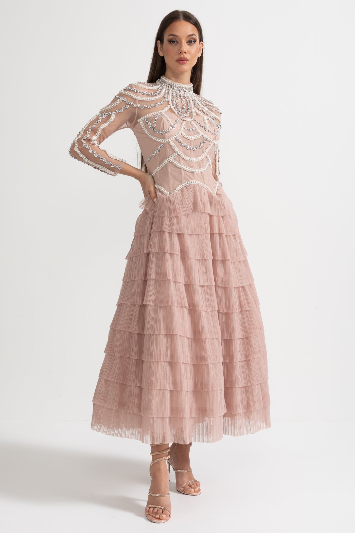 Stunning Beaded Long Sleeve Women's Evening Dress  | Midi
