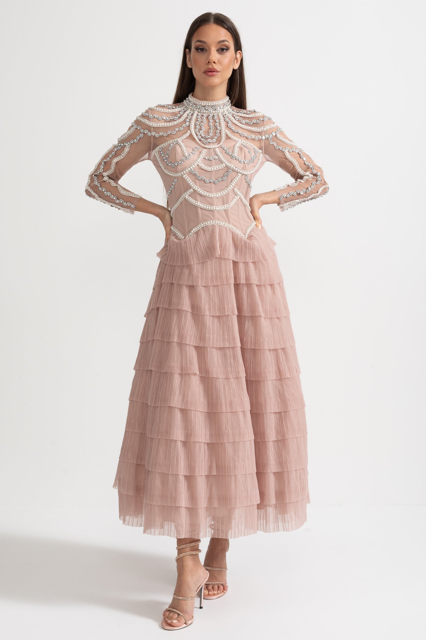 Stunning Beaded Long Sleeve Women's Evening Dress  | Midi