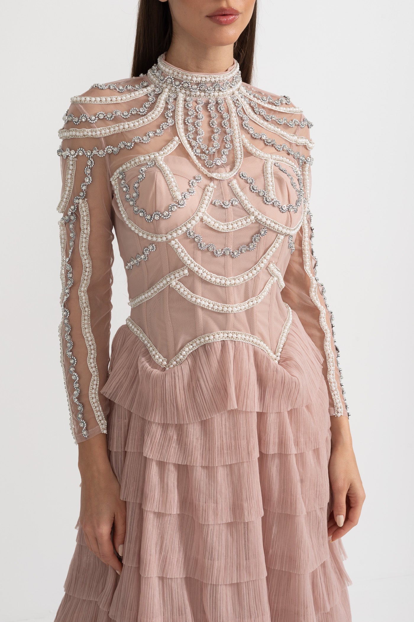 Stunning Beaded Long Sleeve Women's Evening Dress  | Midi