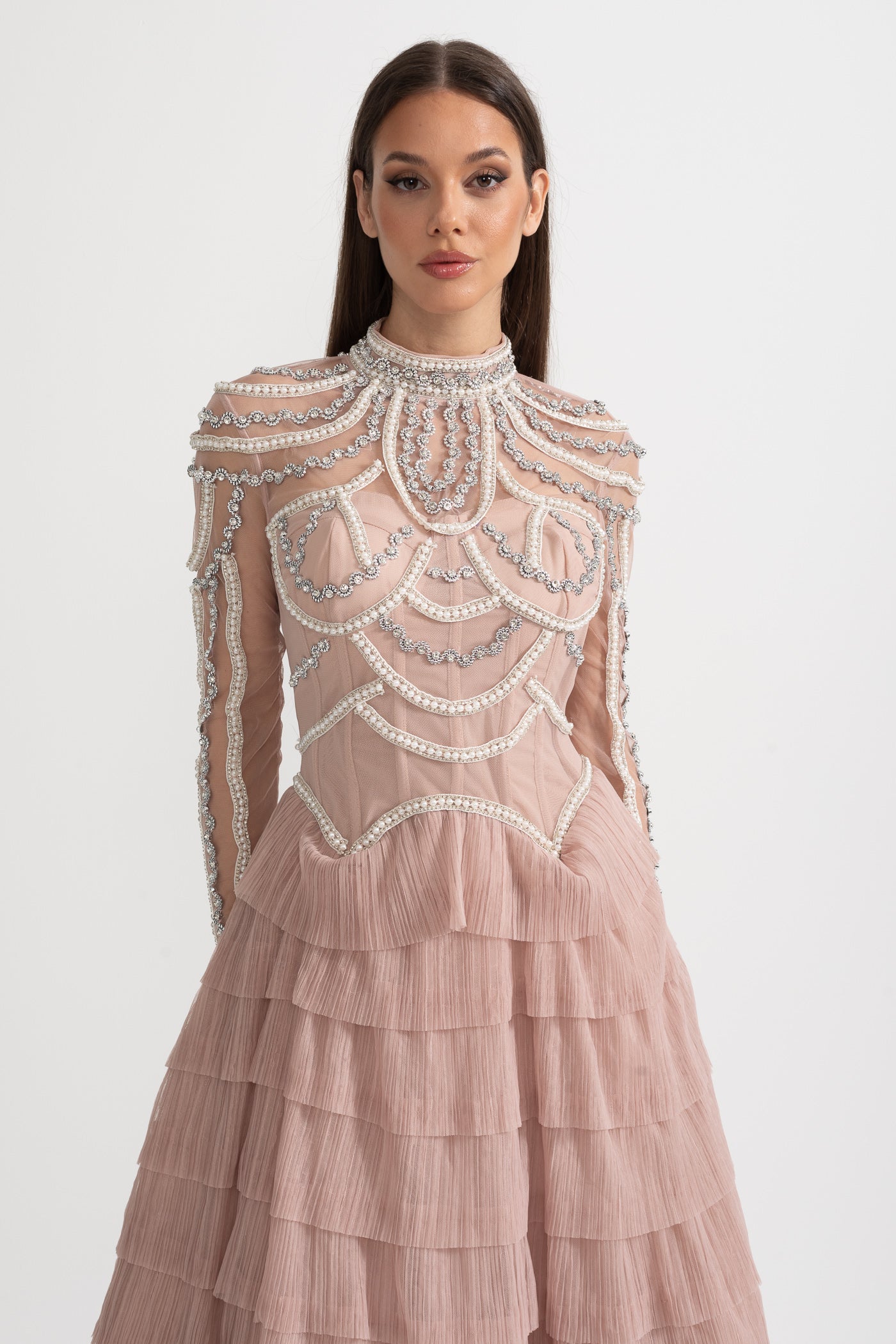 Stunning Beaded Long Sleeve Women's Evening Dress  | Midi
