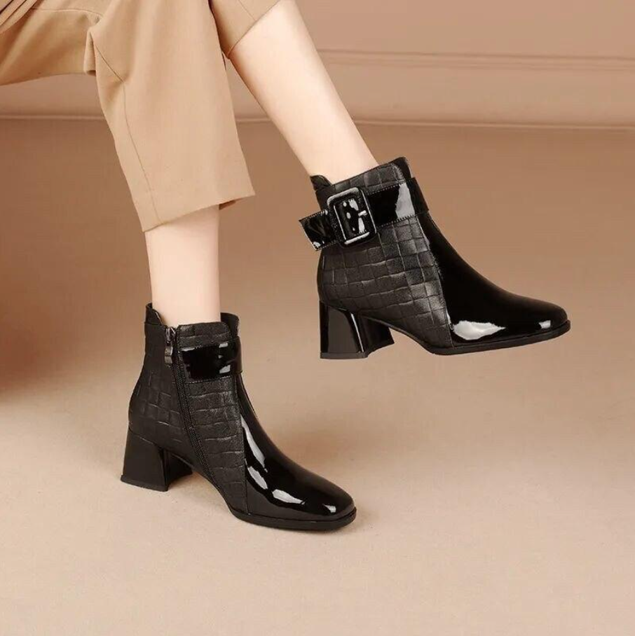 Stylish Women's Ankle Boots With Glossy Finish | Buckle Strap