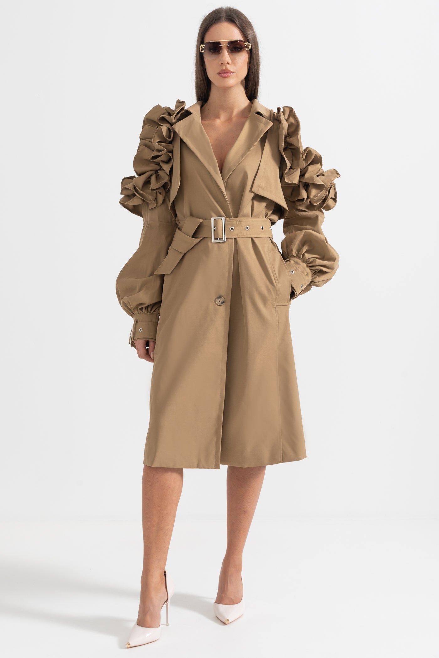 Trench Women's Coat Belted Ruffle Sleeve Design | Ruffle