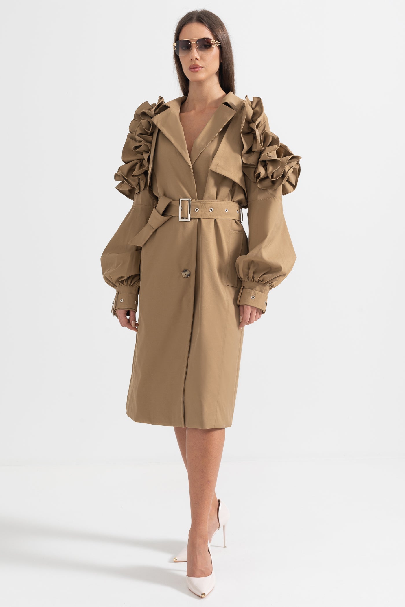 Trench Women's Coat Belted Ruffle Sleeve Design | Ruffle
