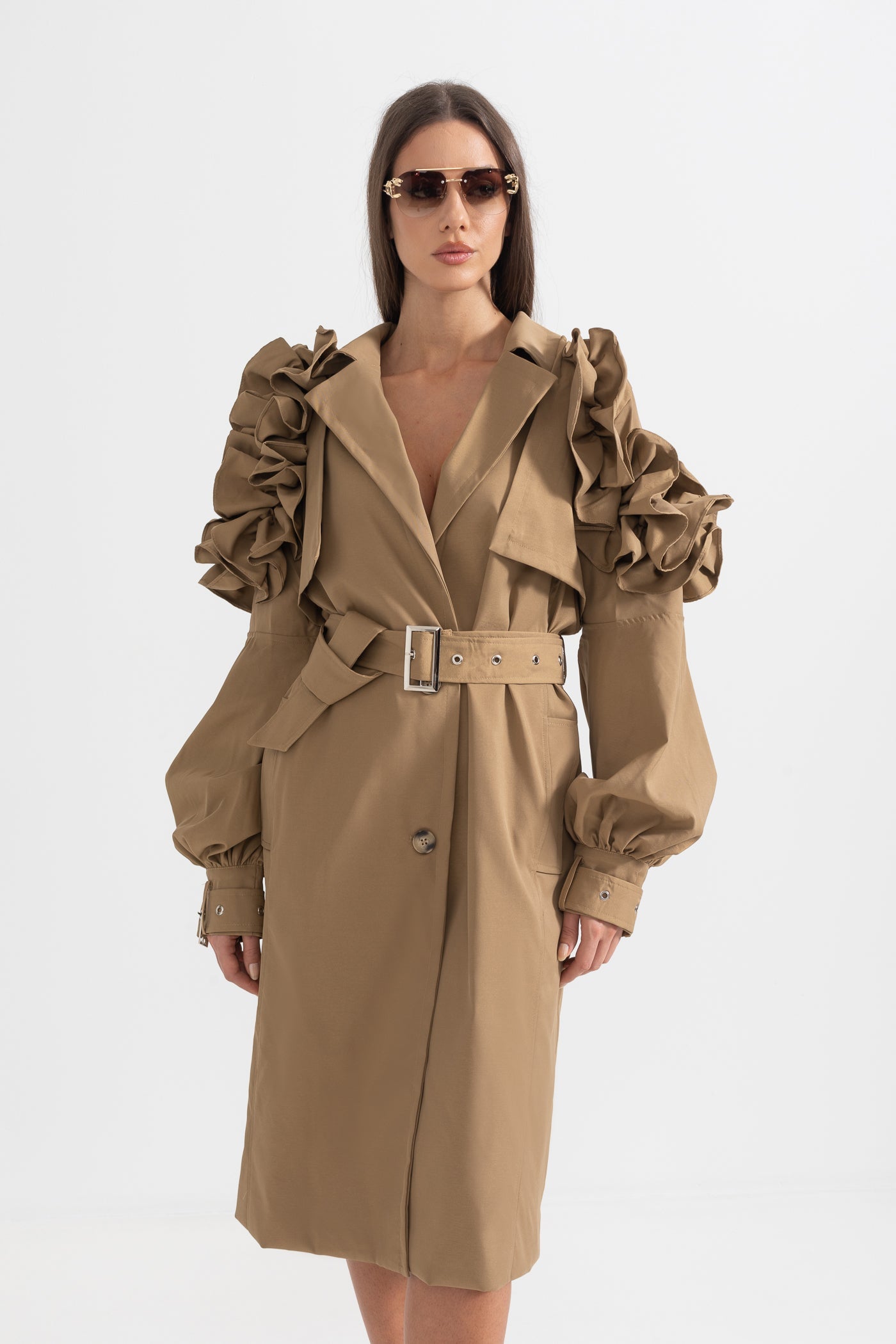 Trench Women's Coat Belted Ruffle Sleeve Design | Ruffle