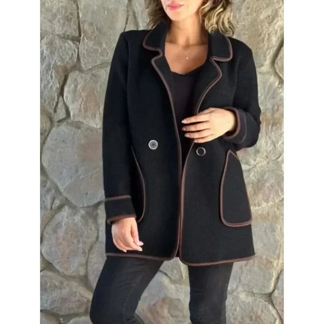 Women's Black Coat Contrast Trim Buttoned | City Style