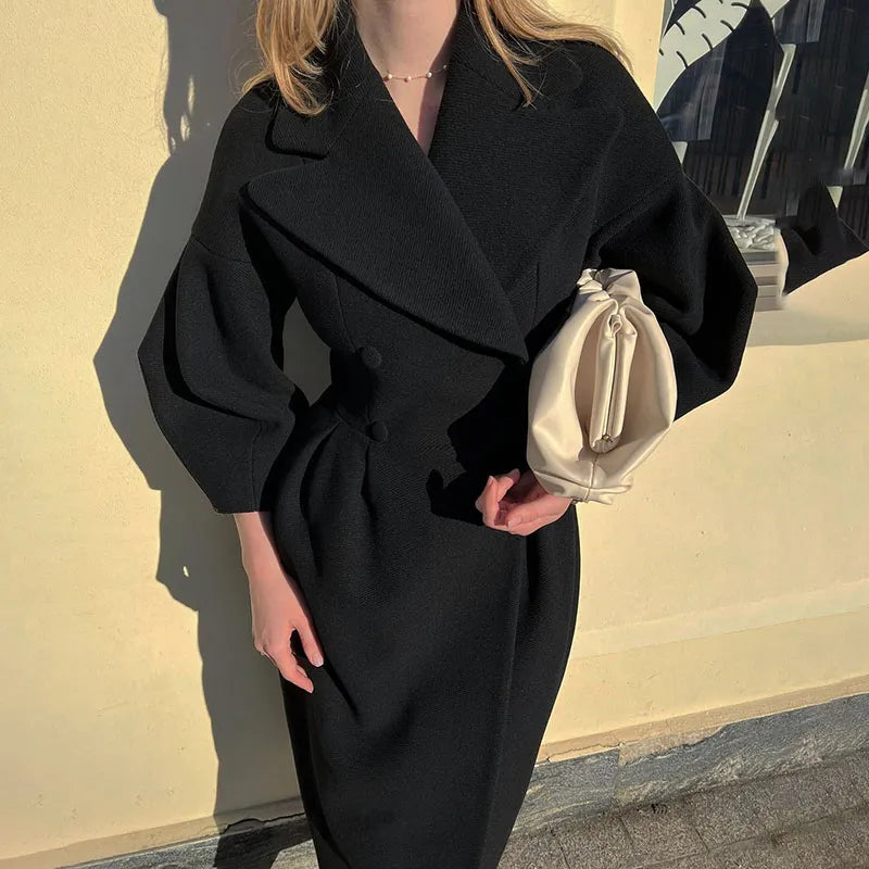 Women's Black Coat Longline Belted Waist | City Style