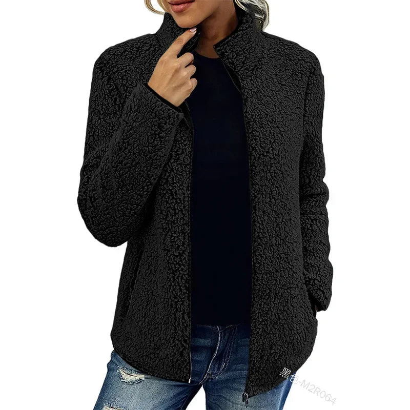 Women's Black Fluffy Jacket Zip Front | Winter