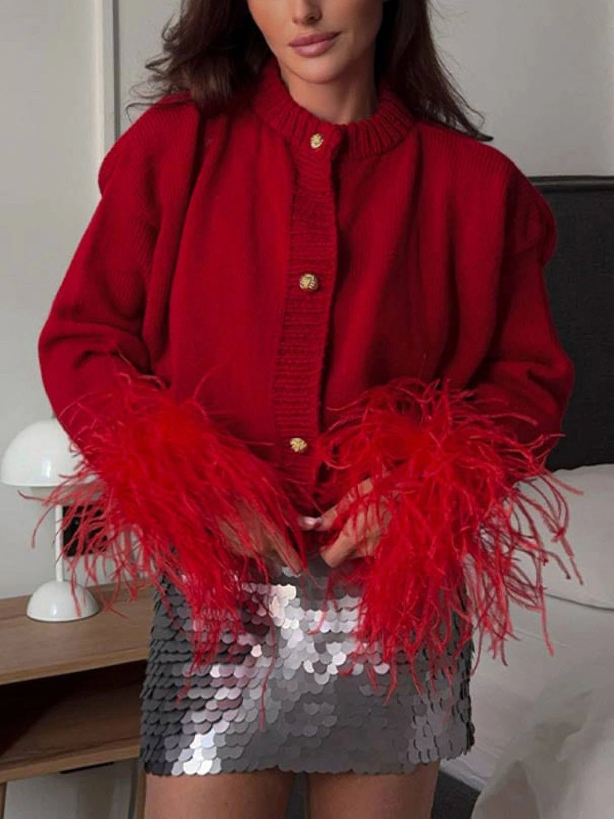 Women's Cardigan Knit Feather Cuff | Cropped
