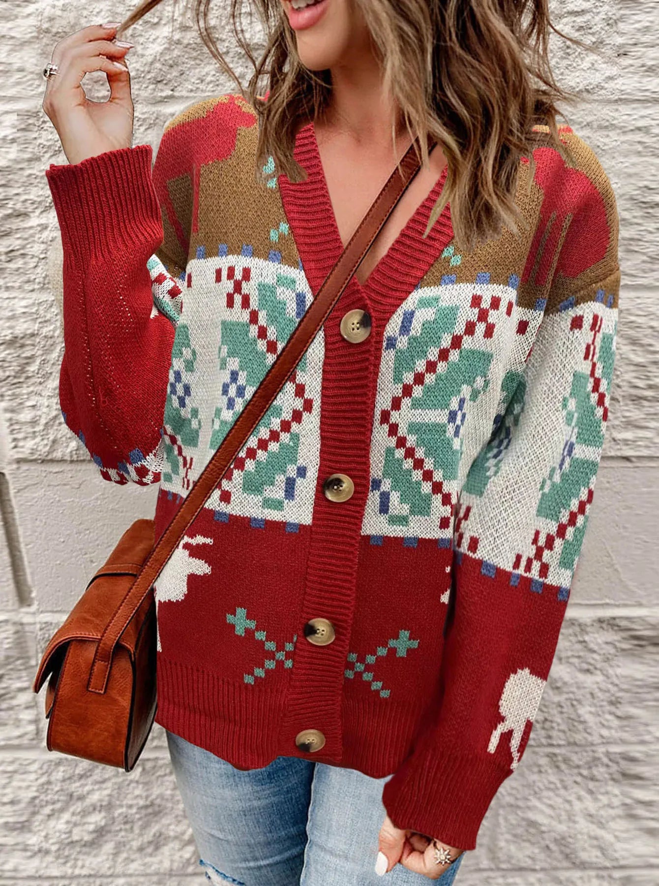Women's Christmas Cardigan Knit Button Front | Reindeer