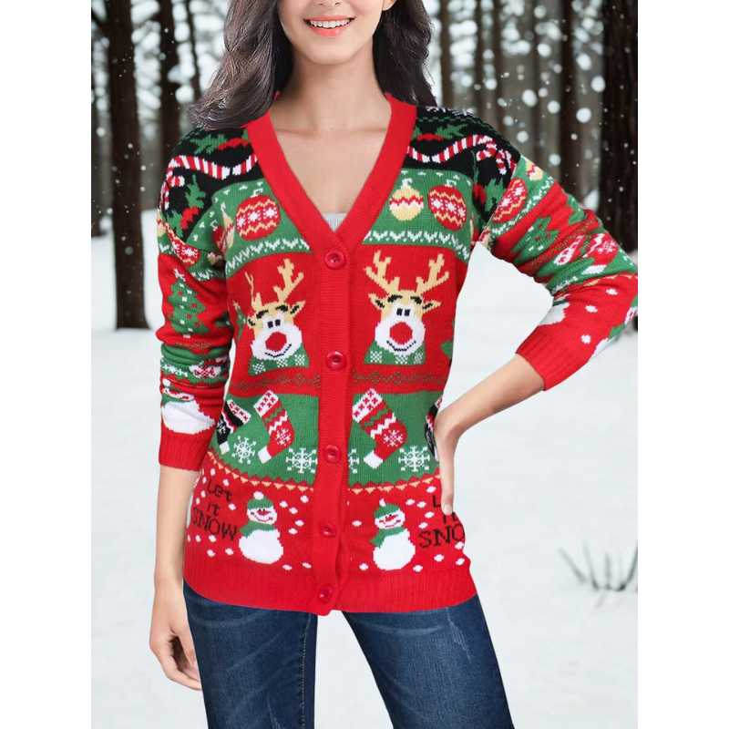 Women's Christmas Cardigan Knit Reindeer & Snowman | Festive