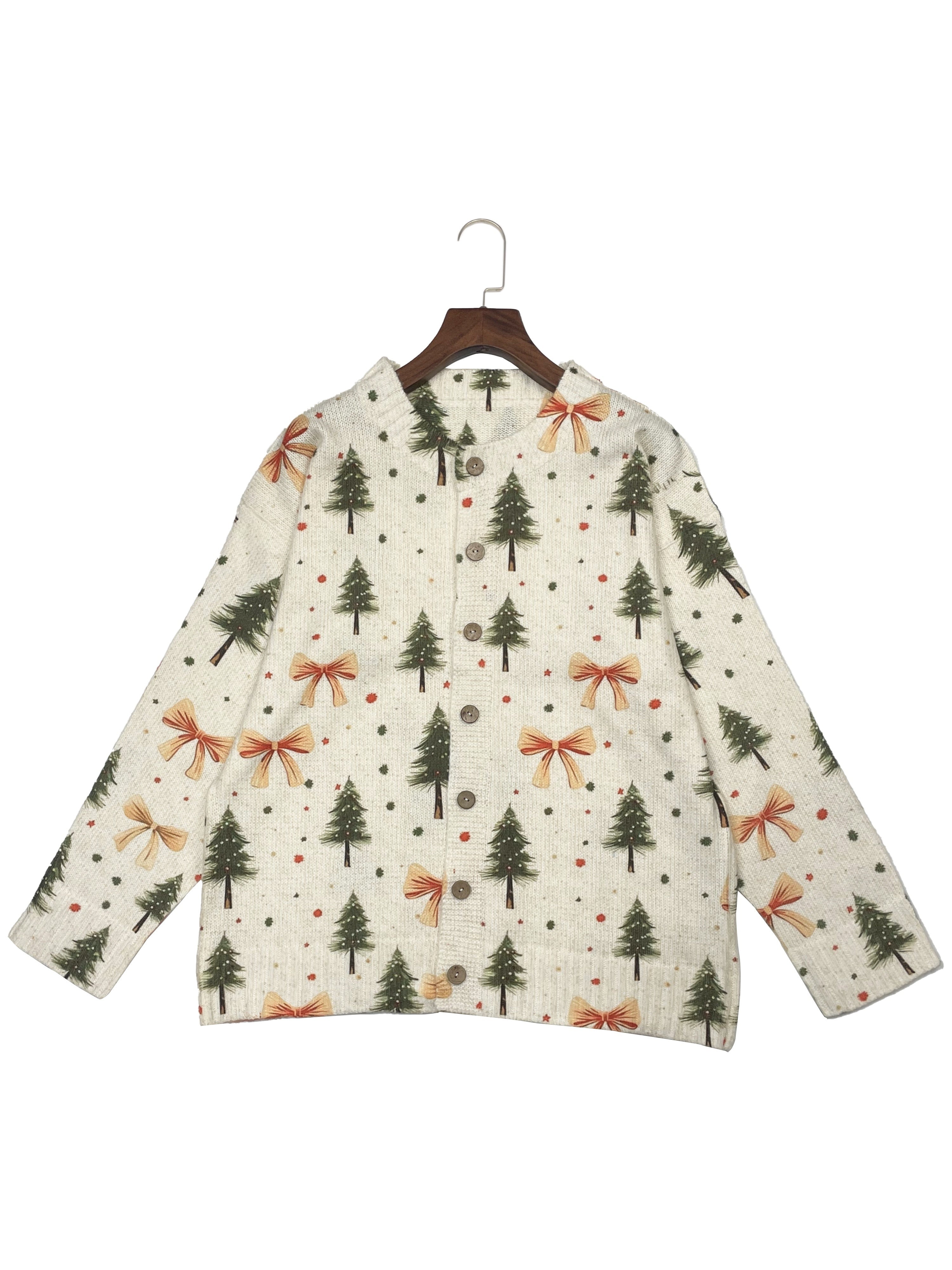 Women's Christmas Cardigan Tree Print Button | Festive