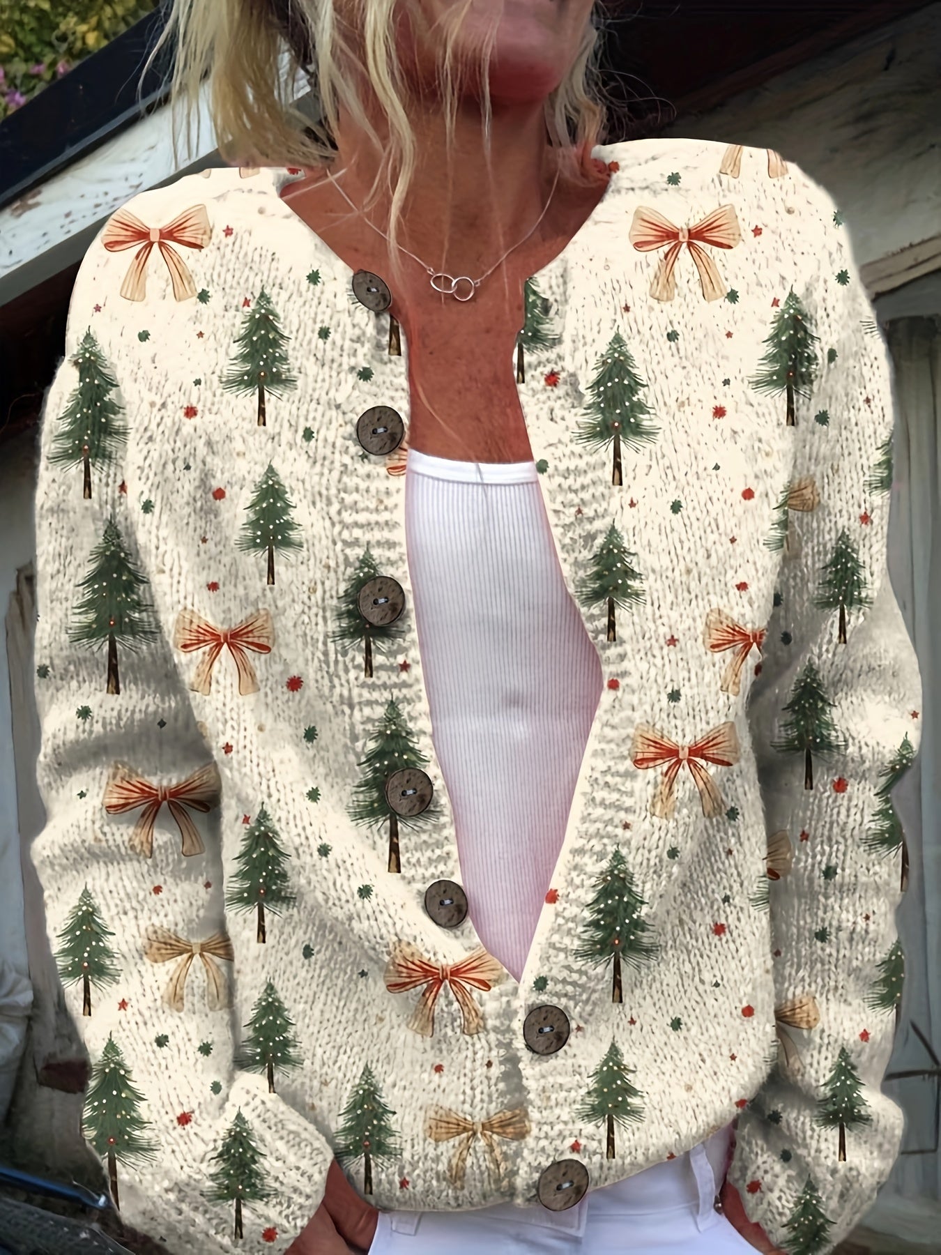 Women's Christmas Cardigan Tree Print Button | Festive