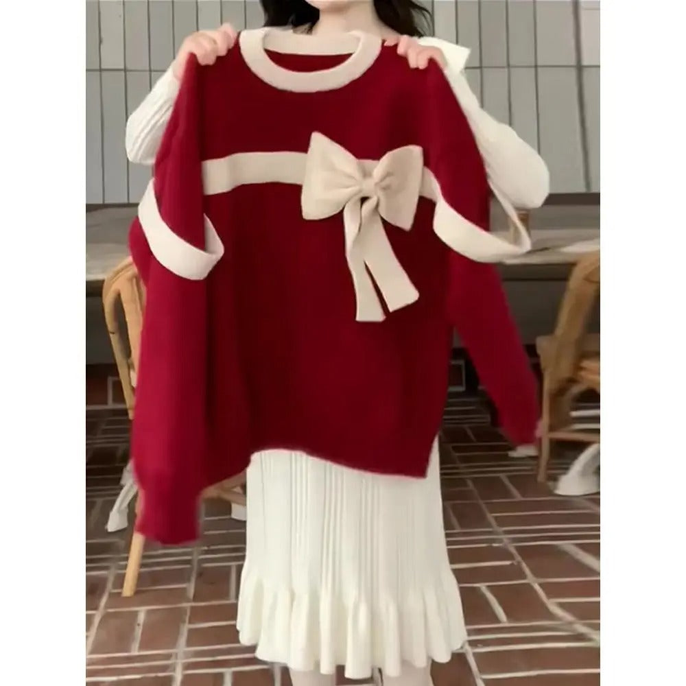 Women’s Christmas Jumper Bow Detail | Red Festive