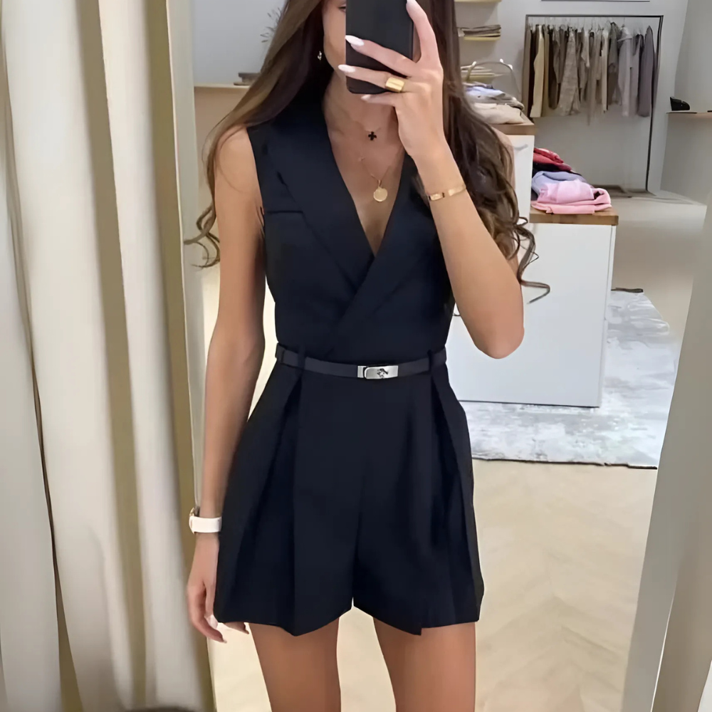 Women's Christmas Party Outfit Romper Belted V-Neck | Chic