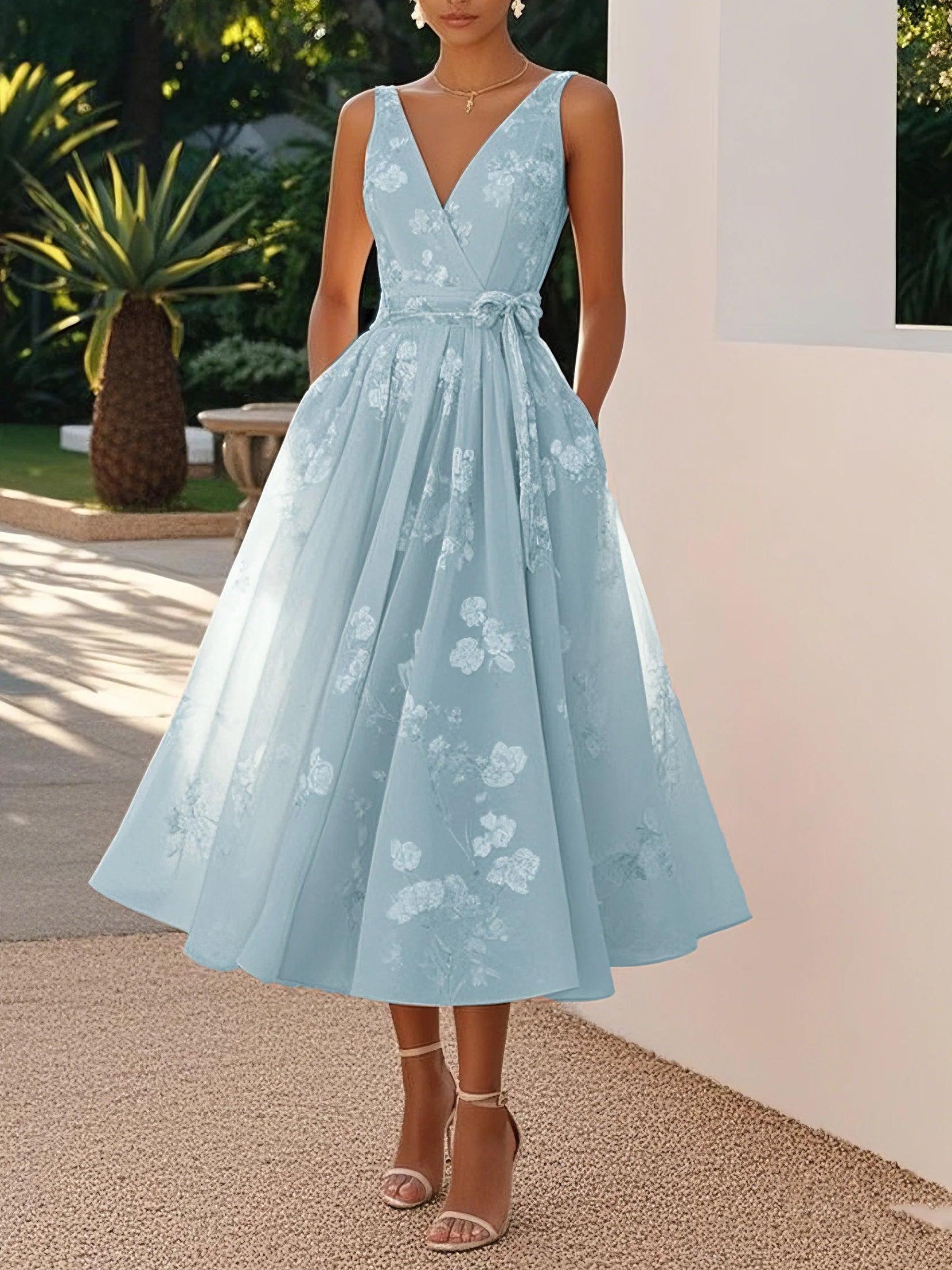 Women's Cocktail Dress Waist Bow Floral | Midi