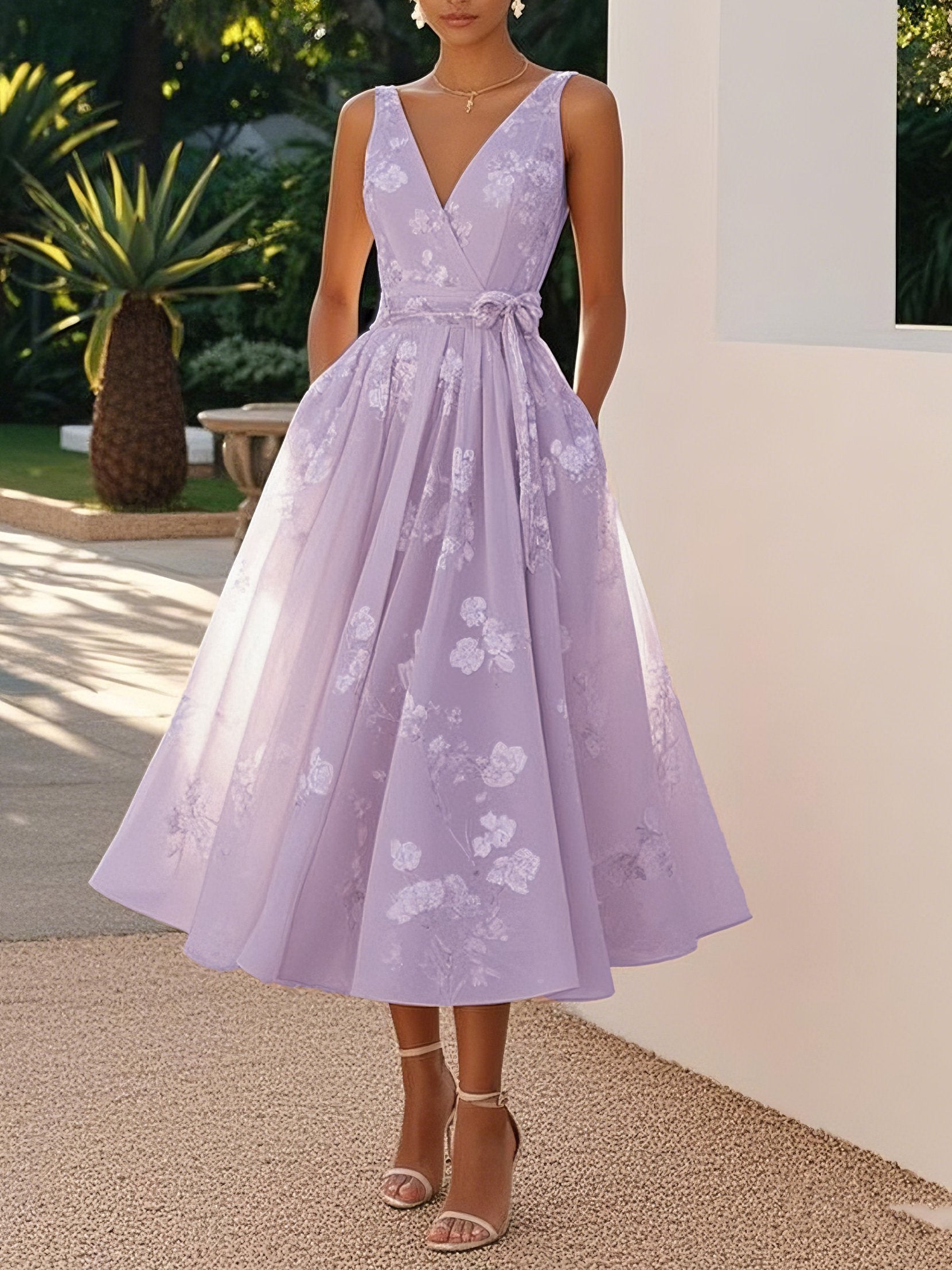 Women's Cocktail Dress Waist Bow Floral | Midi