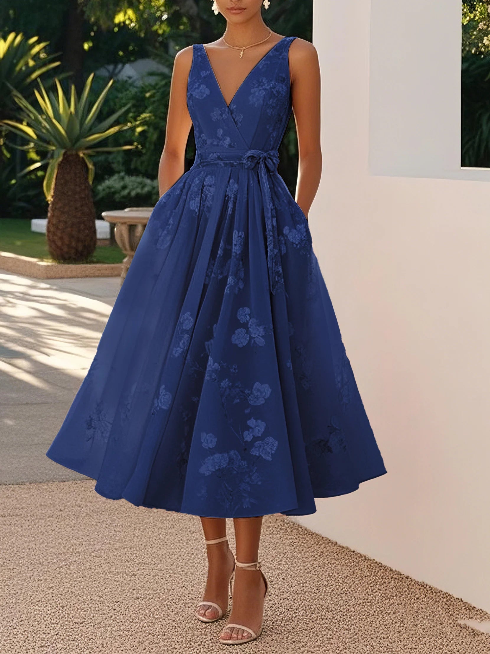 Women's Cocktail Dress Waist Bow Floral | Midi