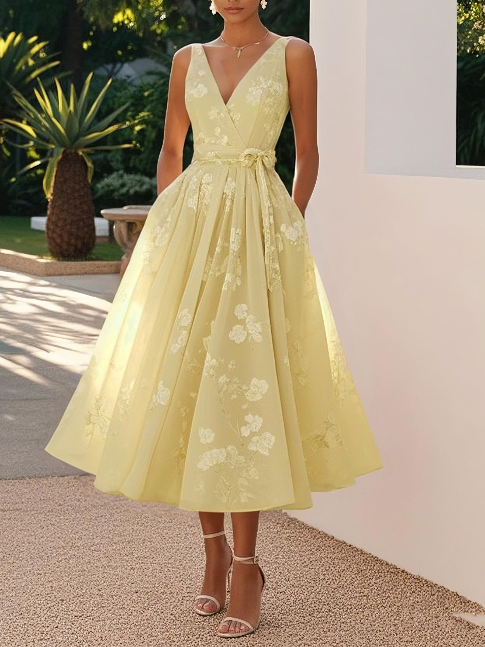 Women's Cocktail Dress Waist Bow Floral | Midi