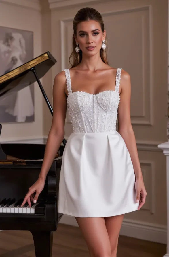 Women's Elegant Bridal Wedding Gown Dress Beaded Corset | Mini