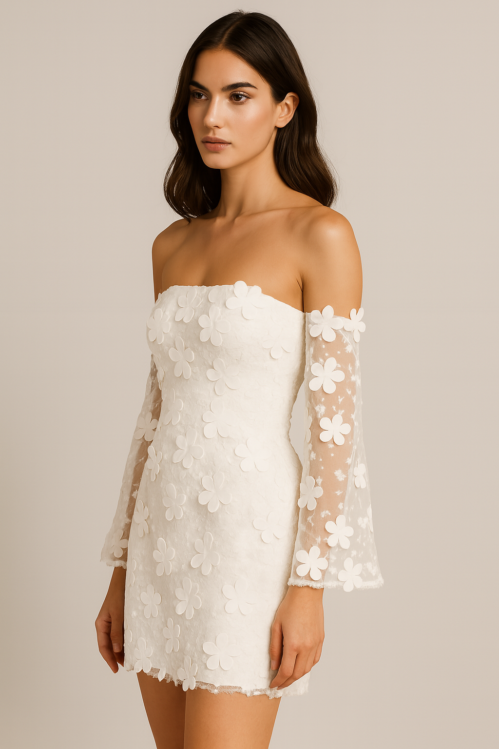 Women's Floral Bridal Gown Dress With Sheer Sleeves | Mini