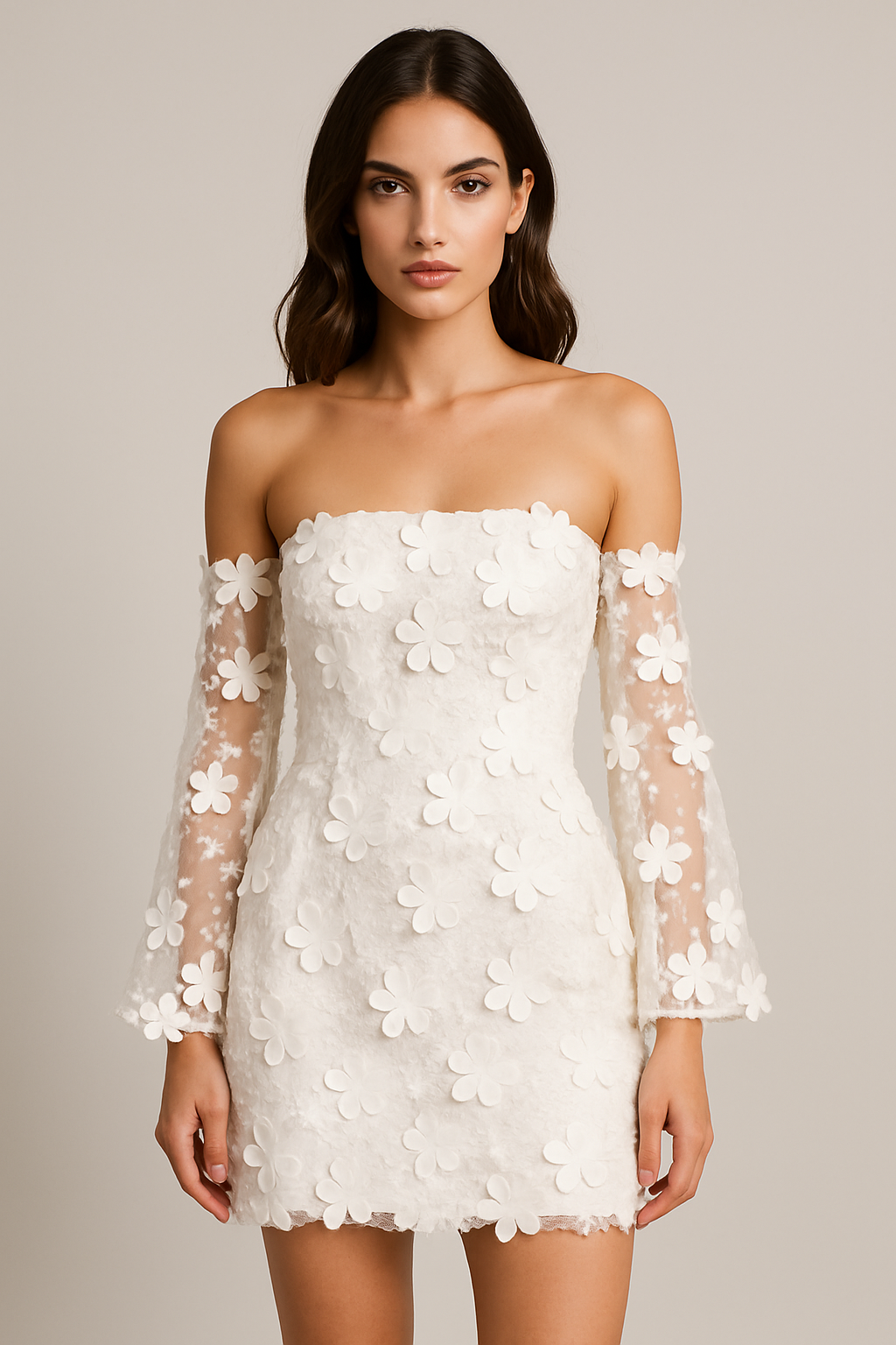 Women's Floral Bridal Gown Dress With Sheer Sleeves | Mini
