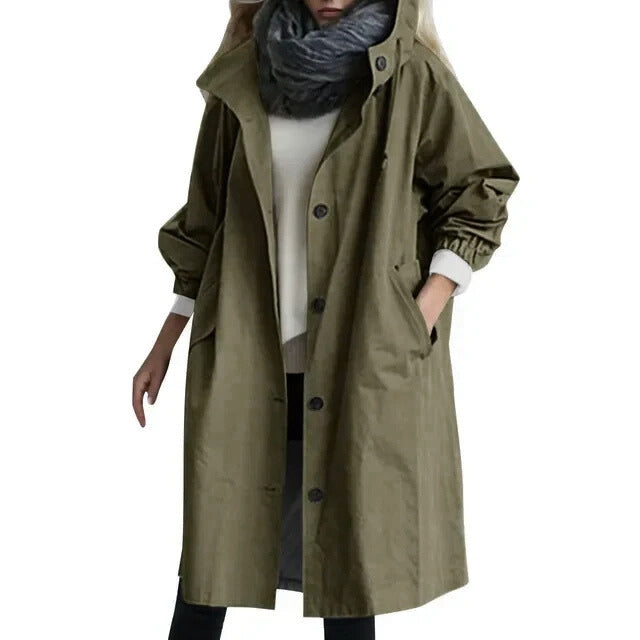 Women's Hooded Trench Coat Button-Up | Long