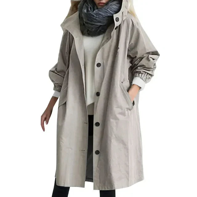 Women's Hooded Trench Coat Button-Up | Long