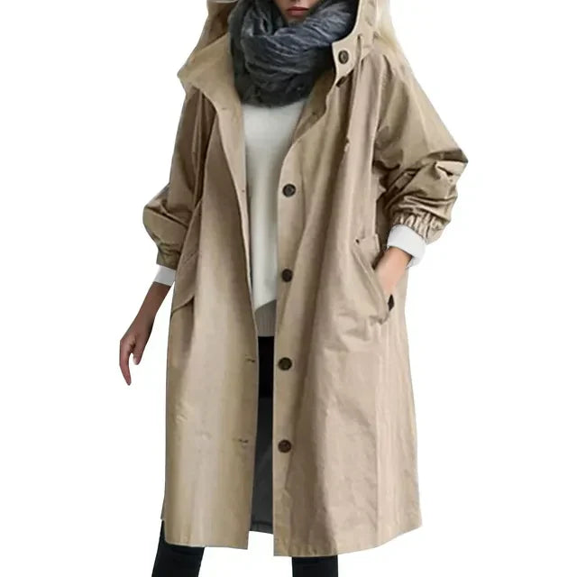 Women's Hooded Trench Coat Button-Up | Long