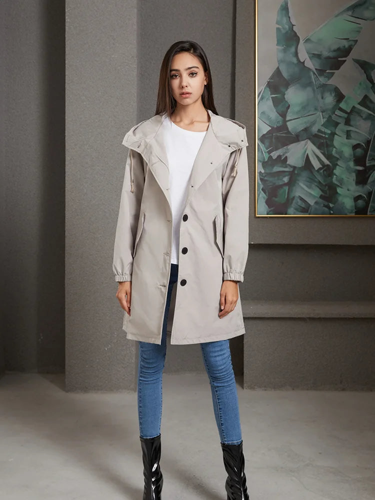 Women's Hooded Trench Coat Windbreaker Button | Beige