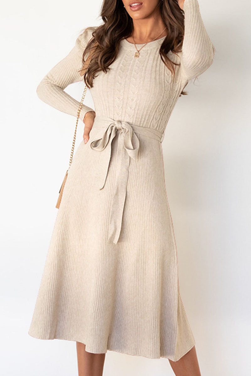 Women's Jumper Dress Cable Knit with Tie | Midi