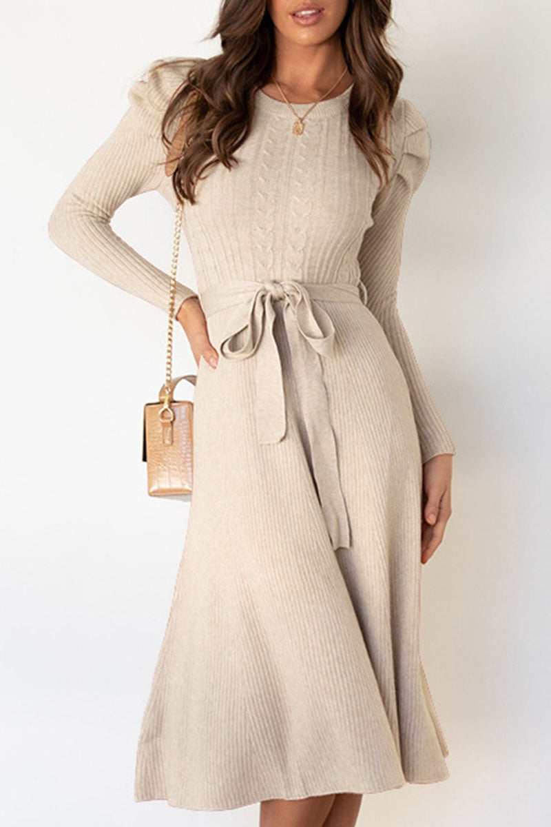 Women's Jumper Dress Cable Knit with Tie | Midi