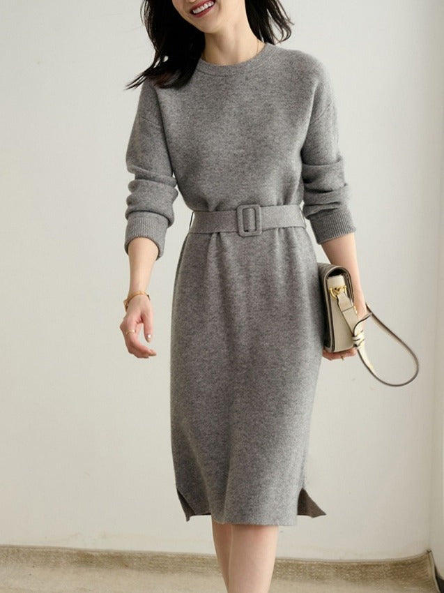 Women's Jumper Dress Long Sleeve with Belt | Midi