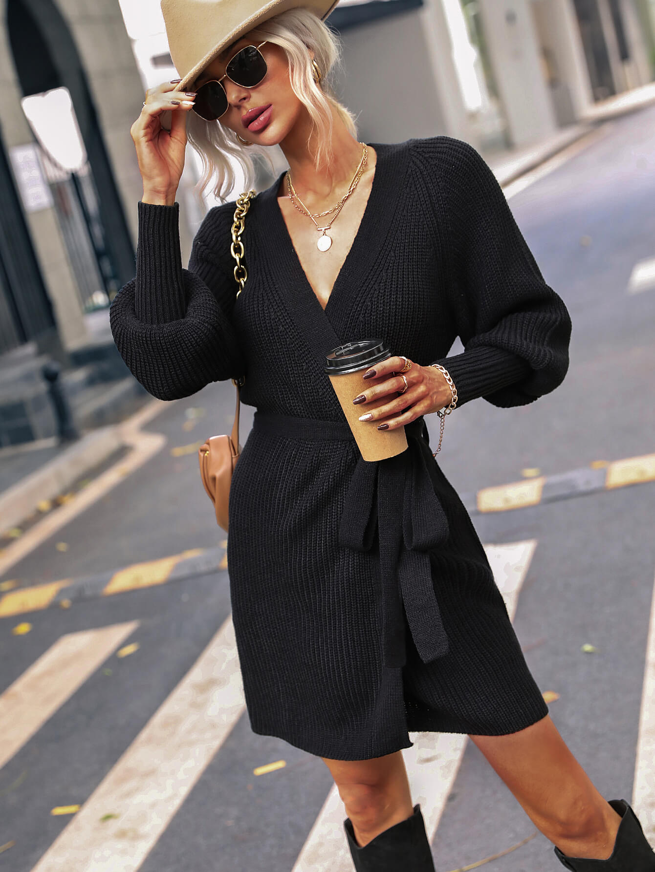 Women's Jumper Dress V-Neck with Belt | Knit