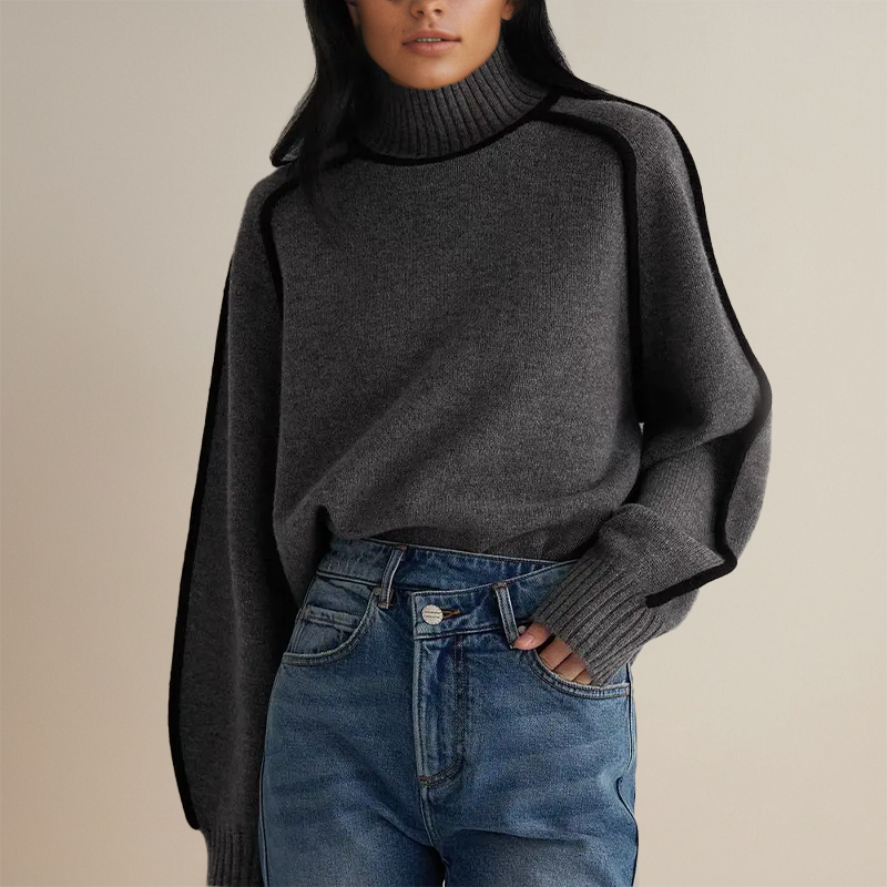 Women's Knit Jumper With Contrast Trim & Turtleneck | Long