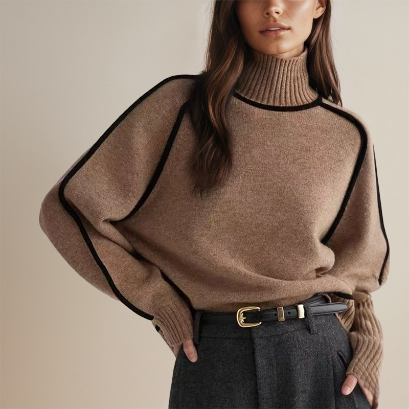 Women's Knit Jumper With Contrast Trim & Turtleneck | Long