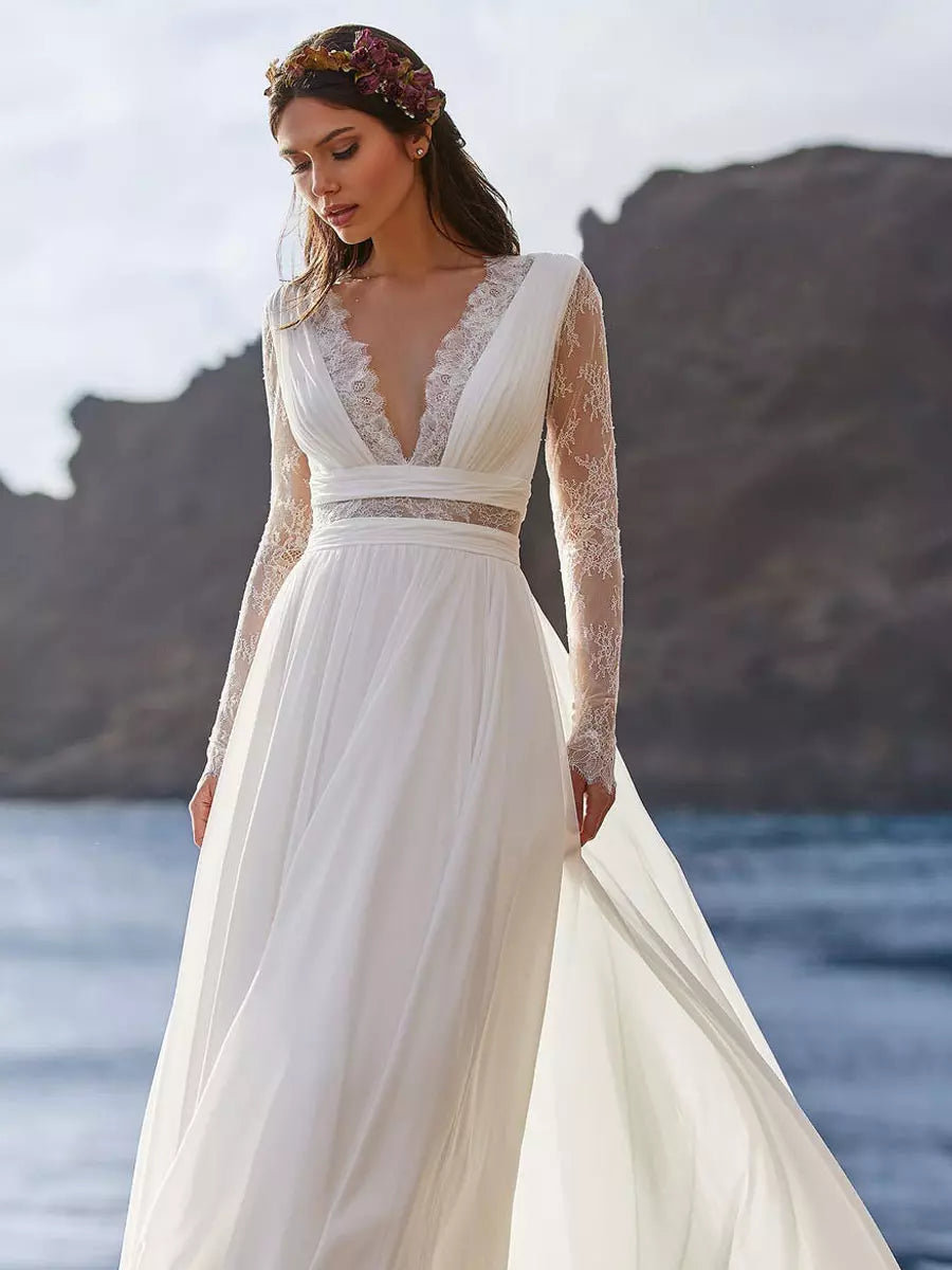 Women's Lace Bridal Gown Dress With Long Sleeves | Elegant