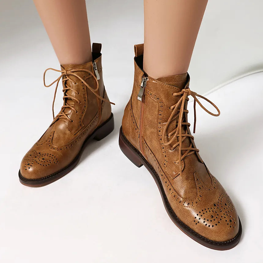 Women's Lace Up Ankle Boots With Brogue Detail | Low Heel
