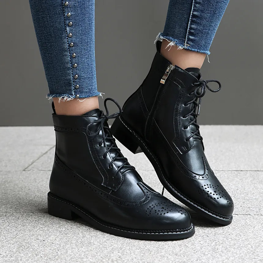 Women's Lace Up Ankle Boots With Brogue Detail | Low Heel
