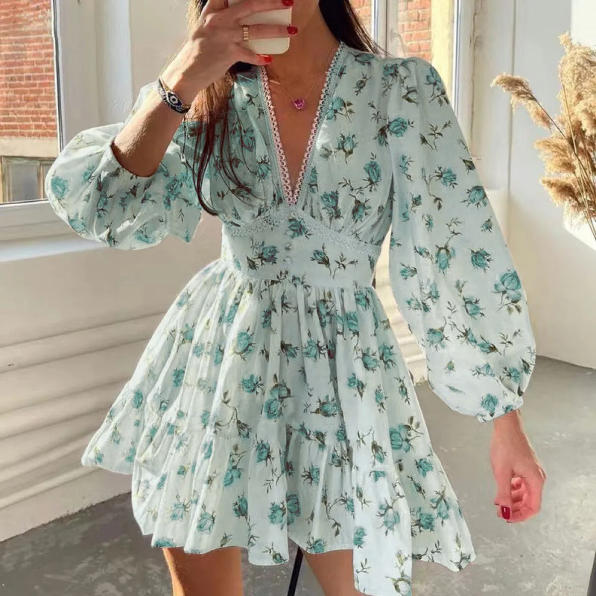 Women's Long Sleeve Dress Floral Mini | V-Neck