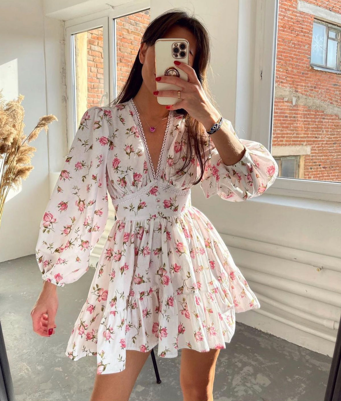 Women's Long Sleeve Dress Floral Mini | V-Neck