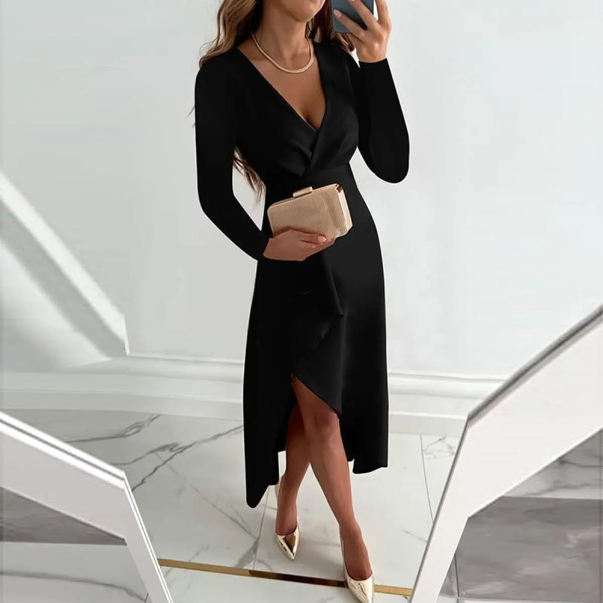 Women's Long Sleeve Dress Wrap Midi | V-Neck