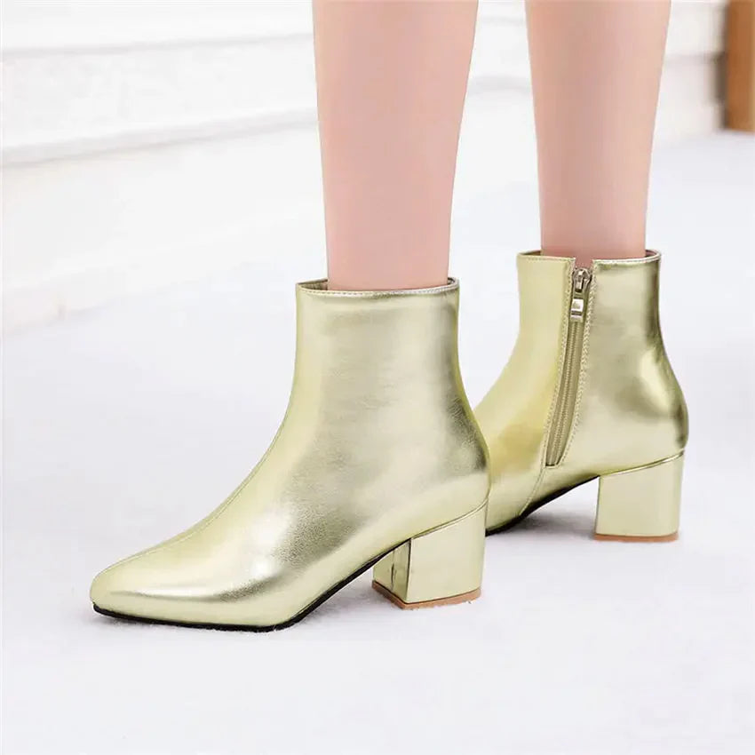 Women's Metallic Side Zip Ankle Boots | Block Heel