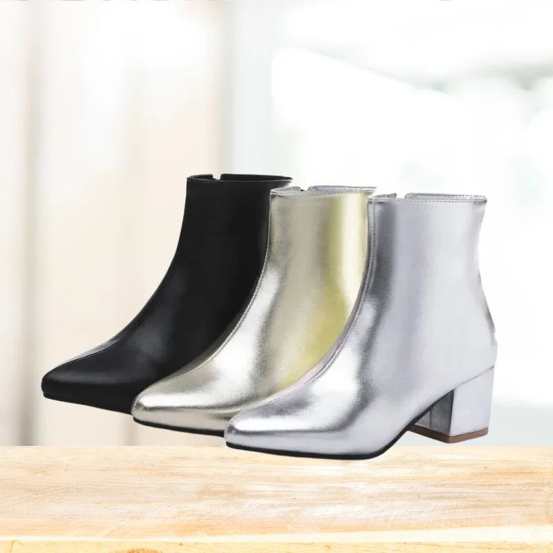 Women's Metallic Side Zip Ankle Boots | Block Heel