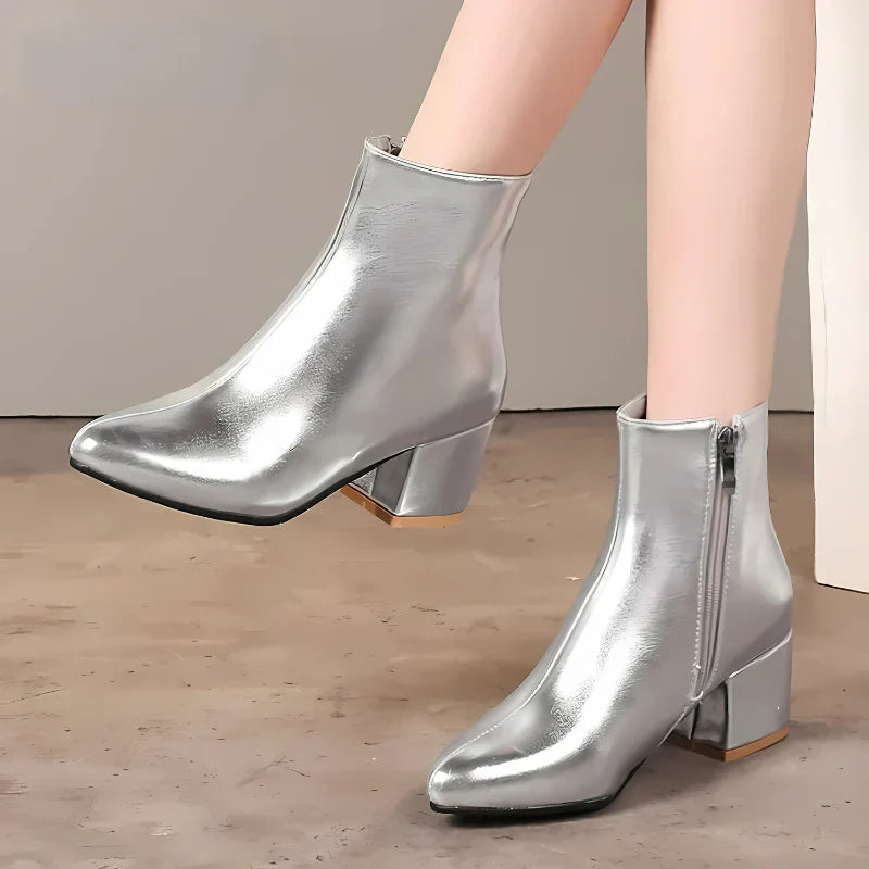 Women's Metallic Side Zip Ankle Boots | Block Heel