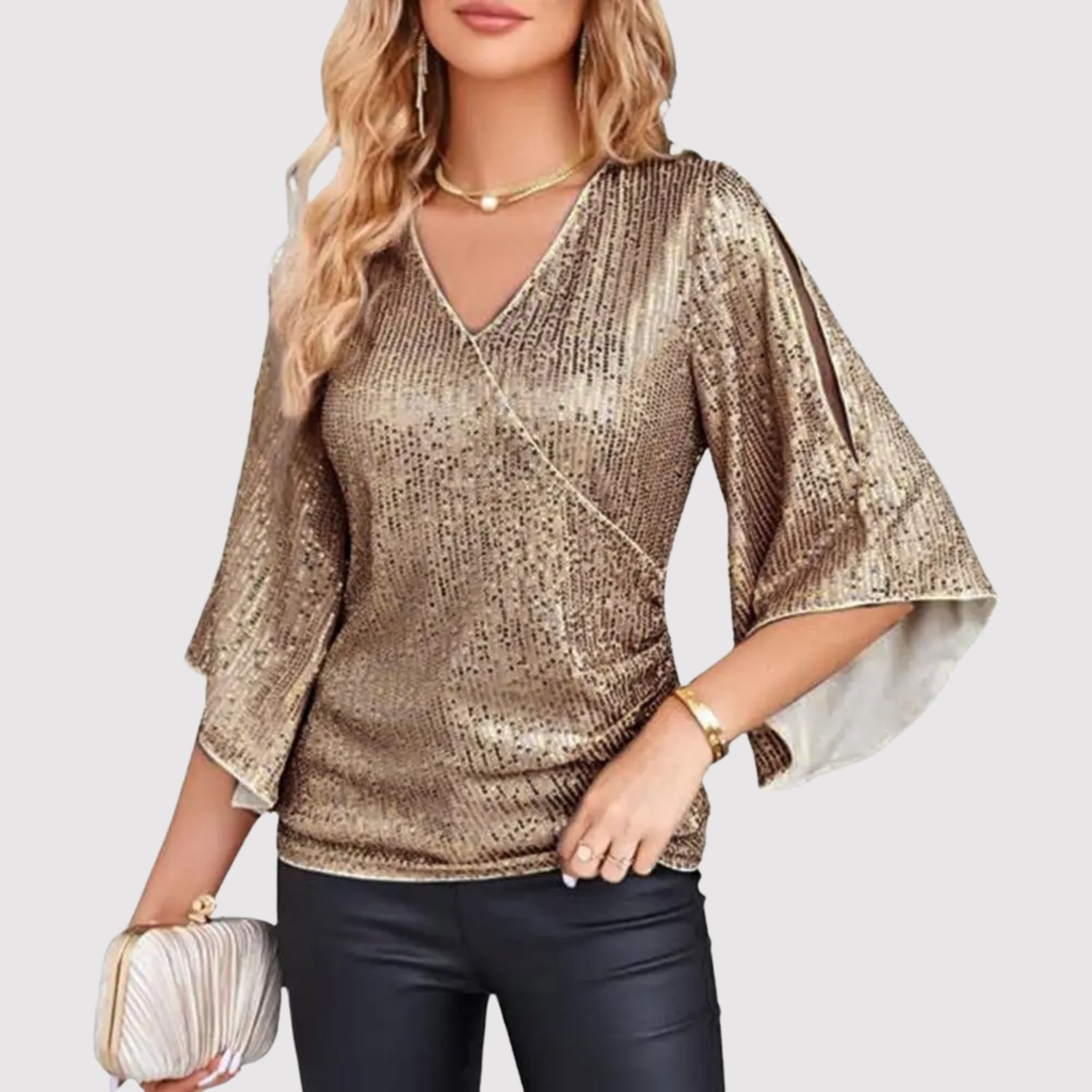 Women's New Years Eve Outfit Sequin 3/4 Sleeve Blouse | Sparkly