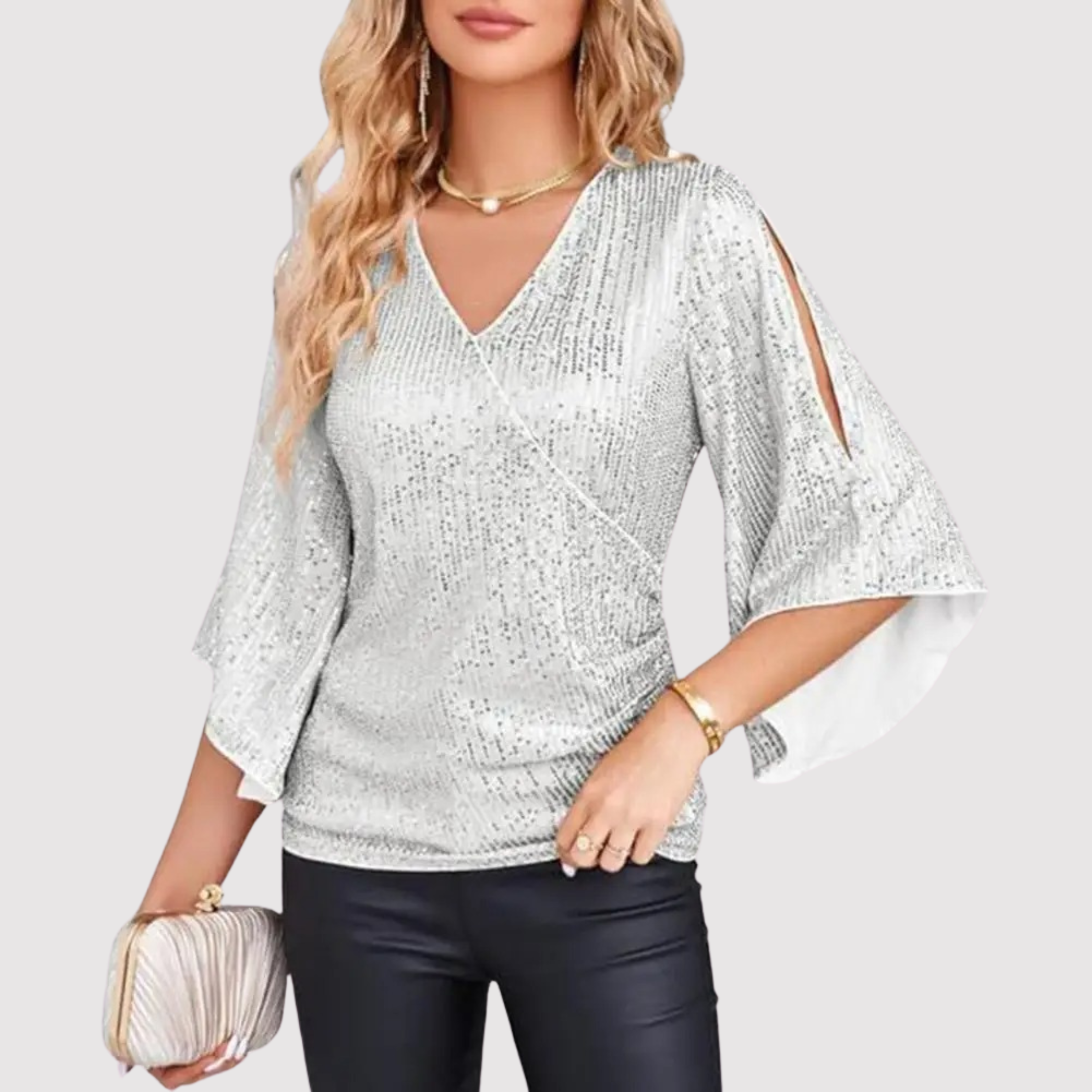 Women's New Years Eve Outfit Sequin 3/4 Sleeve Blouse | Sparkly